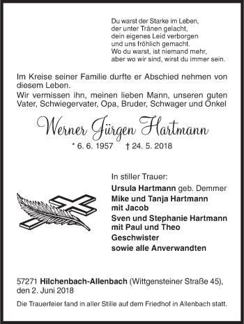 Traueranzeige von Werner Jürgen Hartmann von Siegener Zeitung