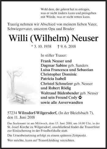 Traueranzeige von Wilhelm Neuser von Siegener Zeitung