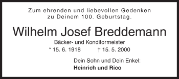 Traueranzeige von Wilhelm Josef Breddemann von Siegener Zeitung