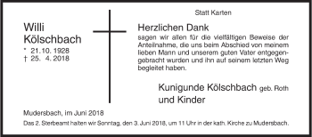 Traueranzeige von Willi Kölschbach von Siegener Zeitung