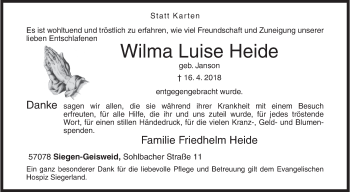 Traueranzeige von Wilma Luise Heide von Siegener Zeitung