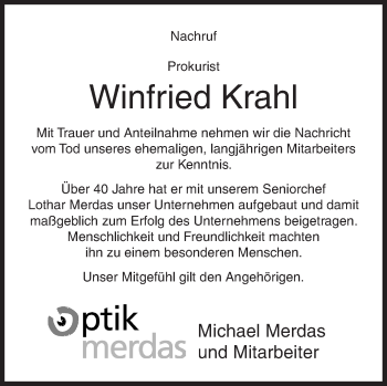 Traueranzeige von Winfried Krahl von Siegener Zeitung