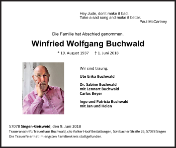 Traueranzeige von Winfried Wolfgang Buchwald von Siegener Zeitung