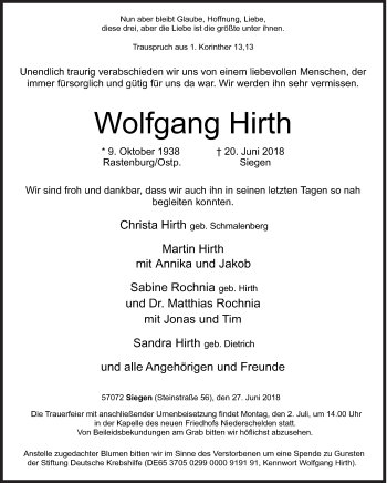 Traueranzeige von Wolfgang Hirth von Siegener Zeitung