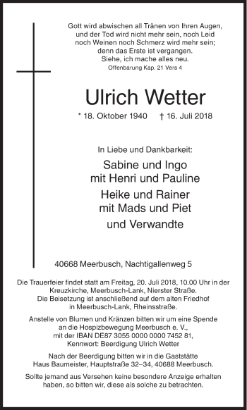 Traueranzeige von Ulrich Wetter von Siegener Zeitung