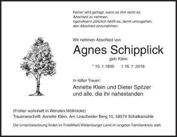 Traueranzeige von Agnes Schipplick von Siegener Zeitung