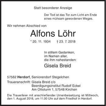 Traueranzeige von Alfons Löhr von Siegener Zeitung