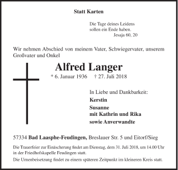 Traueranzeige von Alfred Langer von Siegener Zeitung