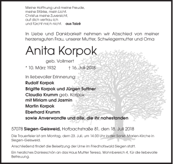 Traueranzeige von Anita Korpok von Siegener Zeitung