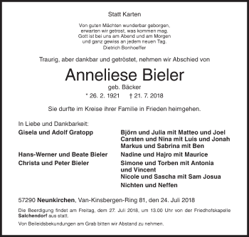 Traueranzeige von Anneliese Bieler von Siegener Zeitung