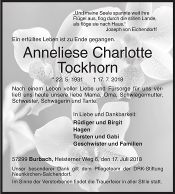Traueranzeige von Anneliese Charlotte Tockhorn von Siegener Zeitung