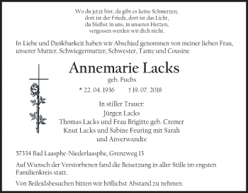 Traueranzeige von Annemarie Lacks von Siegener Zeitung