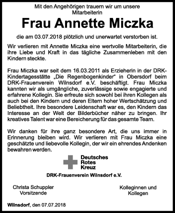 Traueranzeige von Annette Miczka von Siegener Zeitung