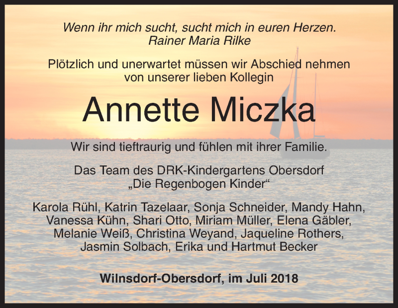  Traueranzeige für Annette Miczka vom 07.07.2018 aus Siegener Zeitung