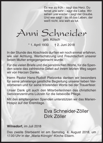 Traueranzeige von Anni Schneider von Siegener Zeitung
