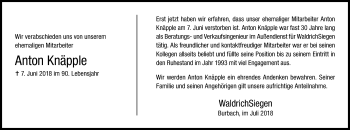 Traueranzeige von Anton Knäpple von Siegener Zeitung