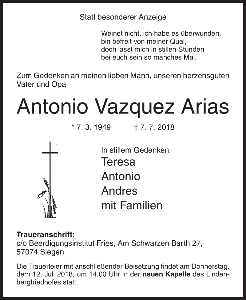  Traueranzeige für Antonio Vazquez Arias vom 10.07.2018 aus Siegener Zeitung