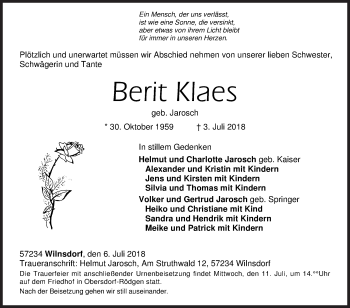 Traueranzeige von Berit Klaes von Siegener Zeitung