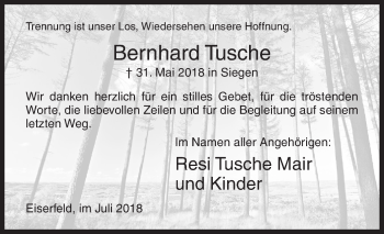 Traueranzeige von Bernhard Tusche von Siegener Zeitung