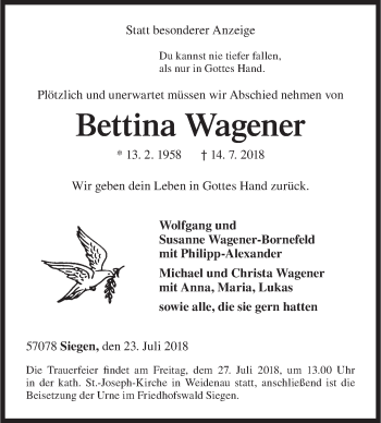 Traueranzeige von Bettina Wagener von Siegener Zeitung