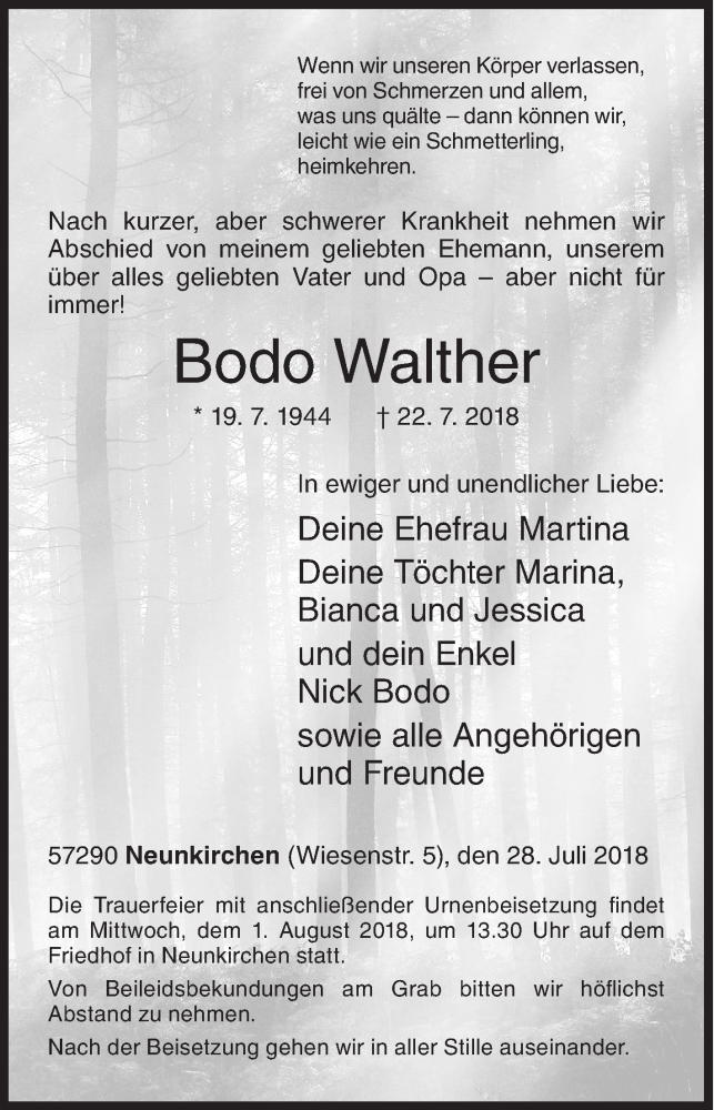  Traueranzeige für Bodo Walther vom 28.07.2018 aus Siegener Zeitung