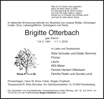 Traueranzeige von Brigitte Otterbach von Siegener Zeitung