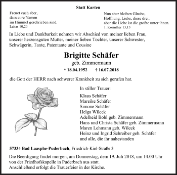 Traueranzeige von Brigitte Schäfer von Siegener Zeitung