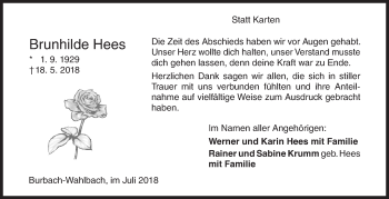 Traueranzeige von Brunhilde Hees von Siegener Zeitung