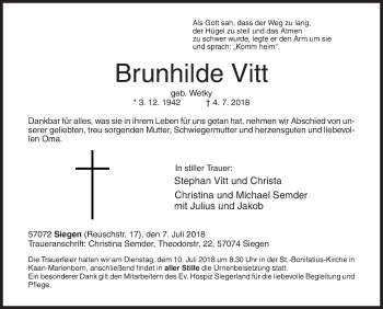 Traueranzeige von Brunhilde Vitt von Siegener Zeitung
