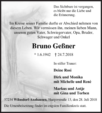 Traueranzeige von Bruno Geßner von Siegener Zeitung