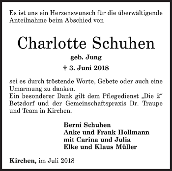 Traueranzeige von Charlotte Schuhen von Siegener Zeitung