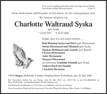 Traueranzeige von Charlotte Waltraud Syska von Siegener Zeitung