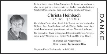 Traueranzeige von Christa Heinbach von Siegener Zeitung