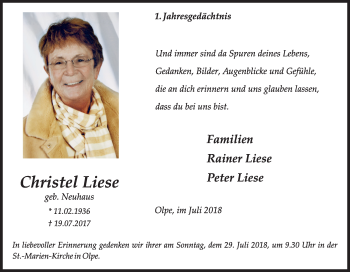 Traueranzeige von Christel Liese von Siegener Zeitung