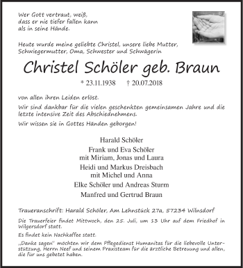 Traueranzeige von Christel Schöler von Siegener Zeitung