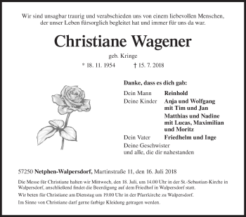 Traueranzeige von Christiane Wagener von Siegener Zeitung