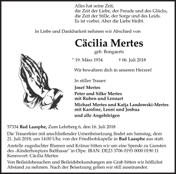 Traueranzeige von Cäcilia Mertes von Siegener Zeitung