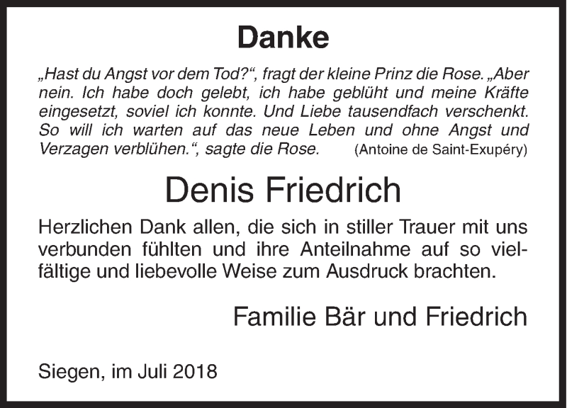  Traueranzeige für Denis Friedrich vom 21.07.2018 aus Siegener Zeitung