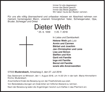 Traueranzeige von Dieter Weth von Siegener Zeitung