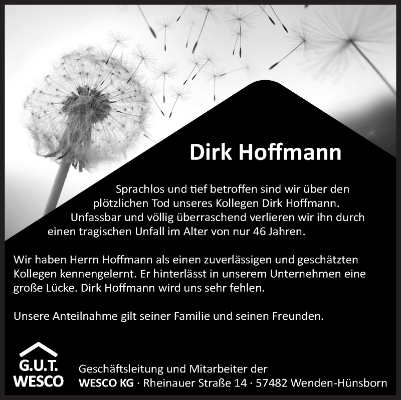  Traueranzeige für Dirk Hoffmann vom 16.07.2018 aus Siegener Zeitung