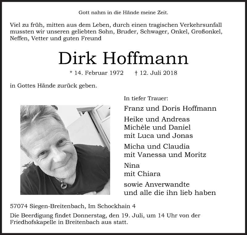  Traueranzeige für Dirk Hoffmann vom 16.07.2018 aus Siegener Zeitung