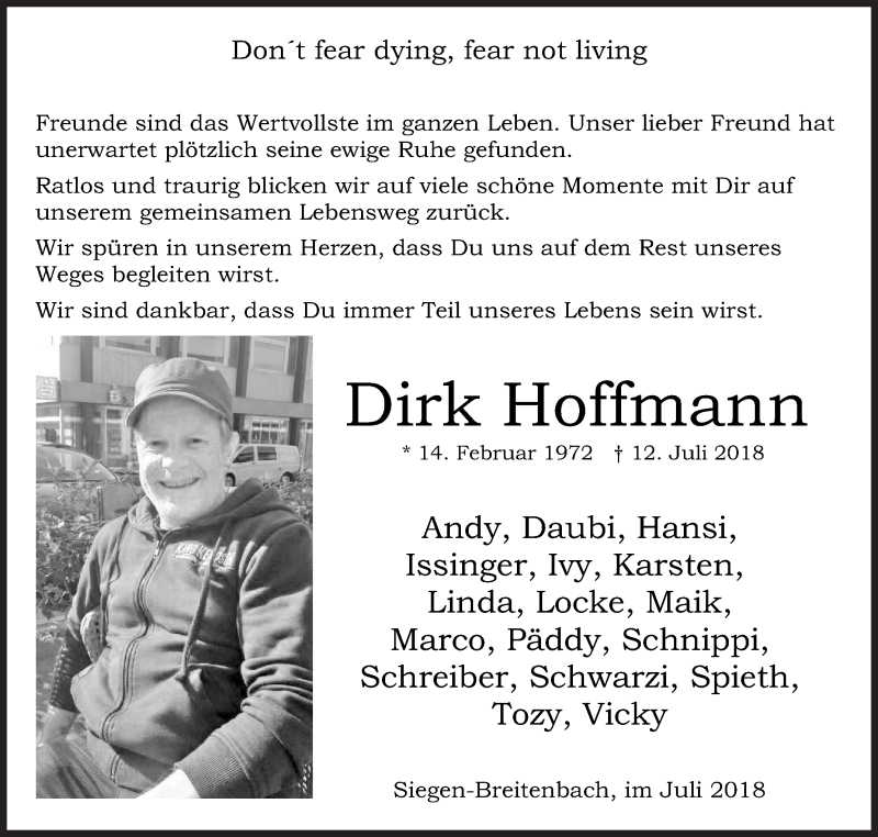  Traueranzeige für Dirk Hoffmann vom 16.07.2018 aus Siegener Zeitung