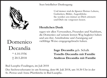 Traueranzeige von Domenico Decandia von Siegener Zeitung