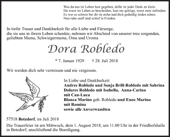 Traueranzeige von Dora Robledo von Siegener Zeitung