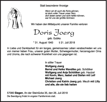 Traueranzeige von Doris Joerg von Siegener Zeitung