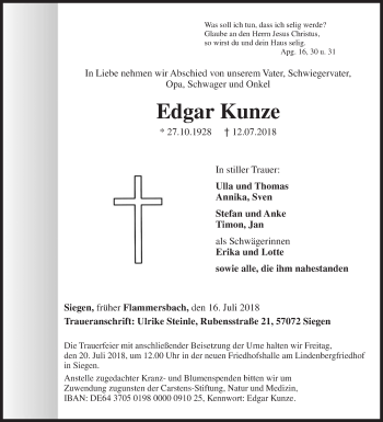 Traueranzeige von Edgar Kunze von Siegener Zeitung