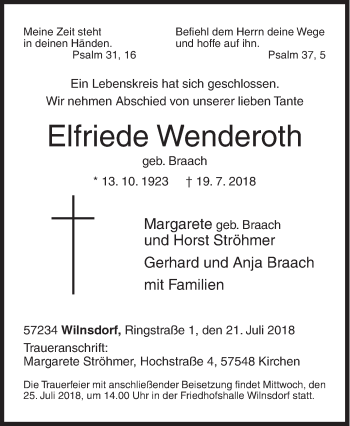 Traueranzeige von Elfriede Wenderoth von Siegener Zeitung