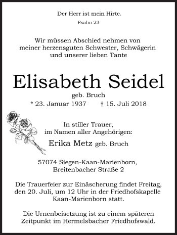Traueranzeige von Elisabeth Seidel von Siegener Zeitung