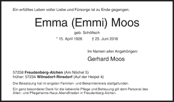Traueranzeige von Emma  Moos von Siegener Zeitung