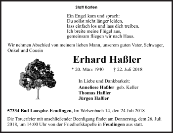 Traueranzeige von Erhard Haßler von Siegener Zeitung